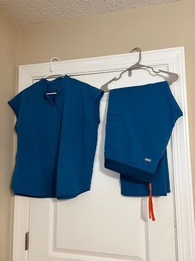 Figs Caribbean Teal Blue Medical Scrub Top and Pants Set